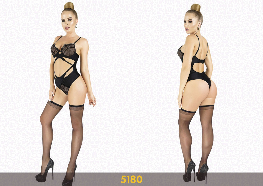 Elawin Lingerie | Black Front Diamond Teddy & Stockings